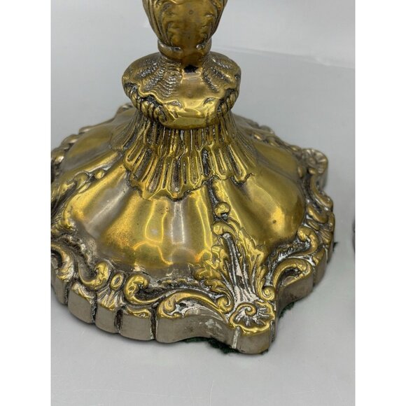 Vtg Pair Heavy Large Ornate Metal Candlesticks Antique Gothic Neo Style 10.5” H - Picture 5 of 8